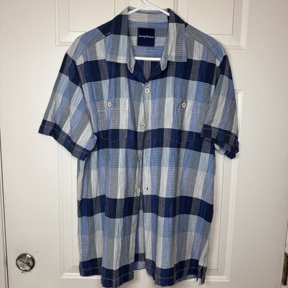 Tommy Bahama Shirt Men Large Blue White Silk Blend Checkered Plaid Button Up